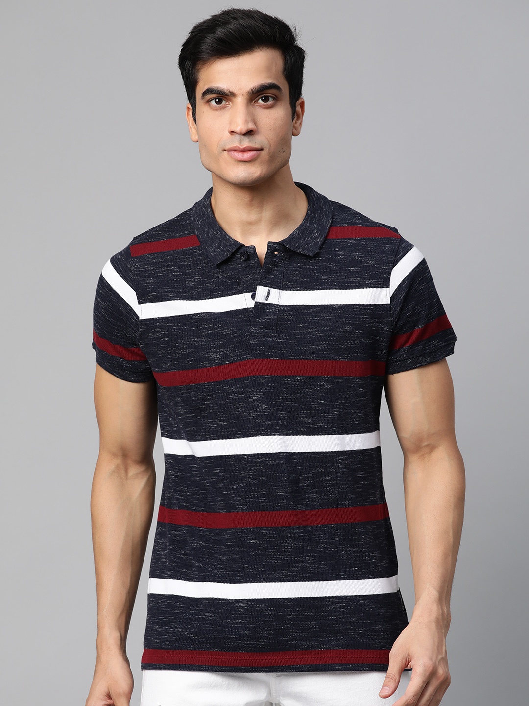 

The Roadster Lifestyle Co Men Navy Blue & White Striped Polo Collar T-shirt