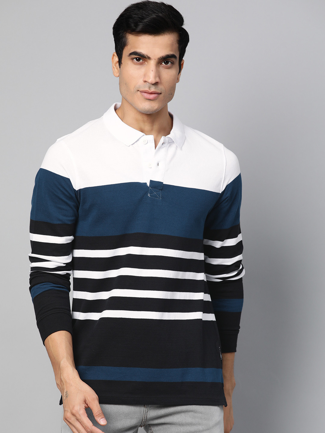 

The Roadster Lifestyle Co Men Blue White Striped Polo Collar Pure Cotton T-shirt