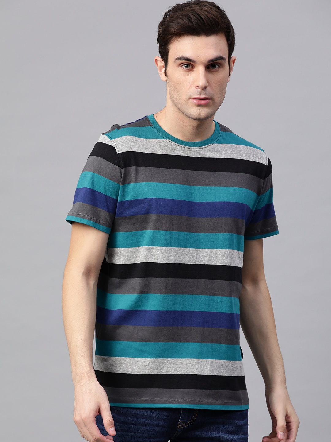 

The Roadster Lifestyle Co Men Blue & Grey Striped Round Neck T-shirt