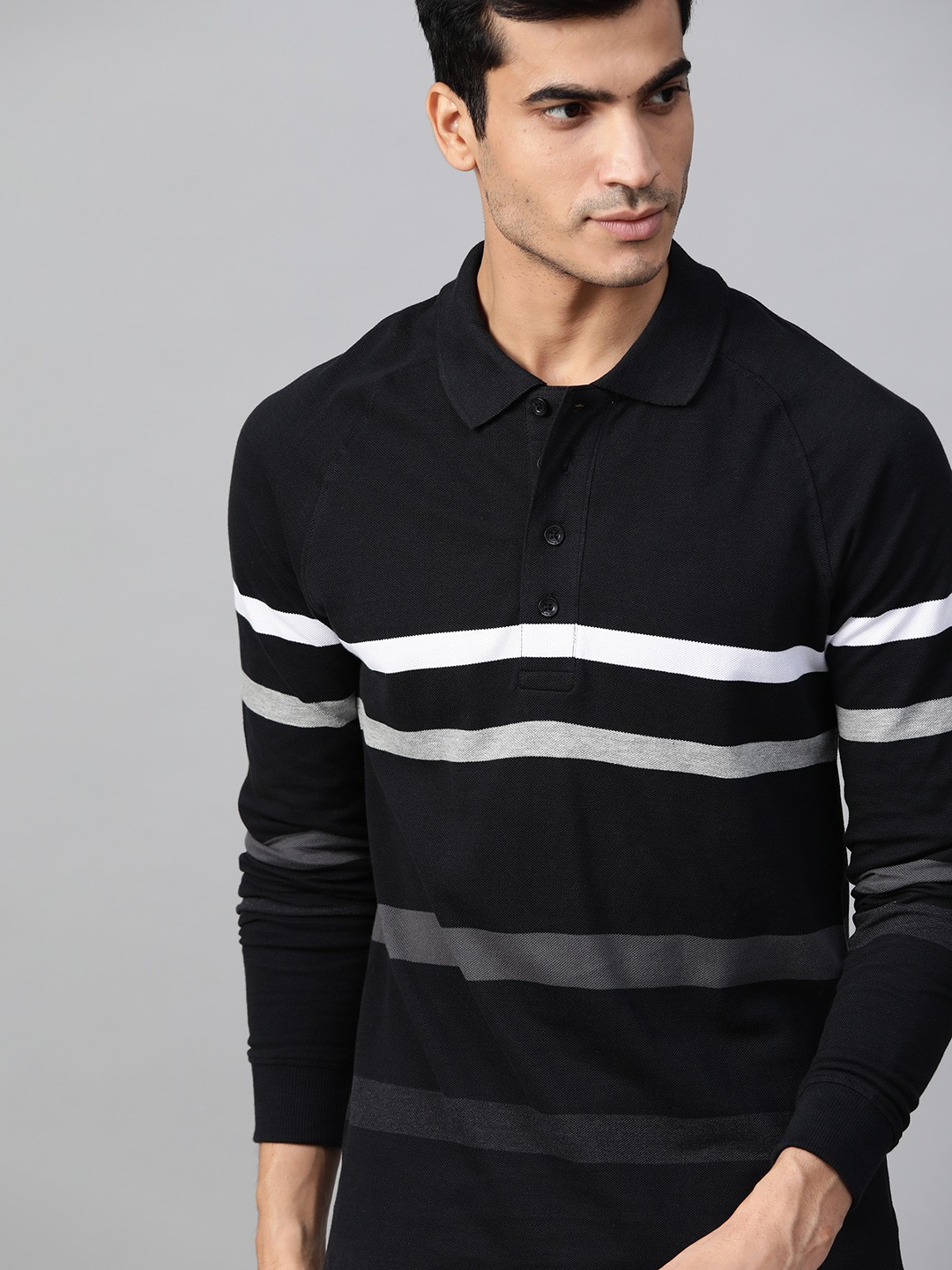 

The Roadster Lifestyle Co Men Black & Grey Striped Polo Collar T-shirt