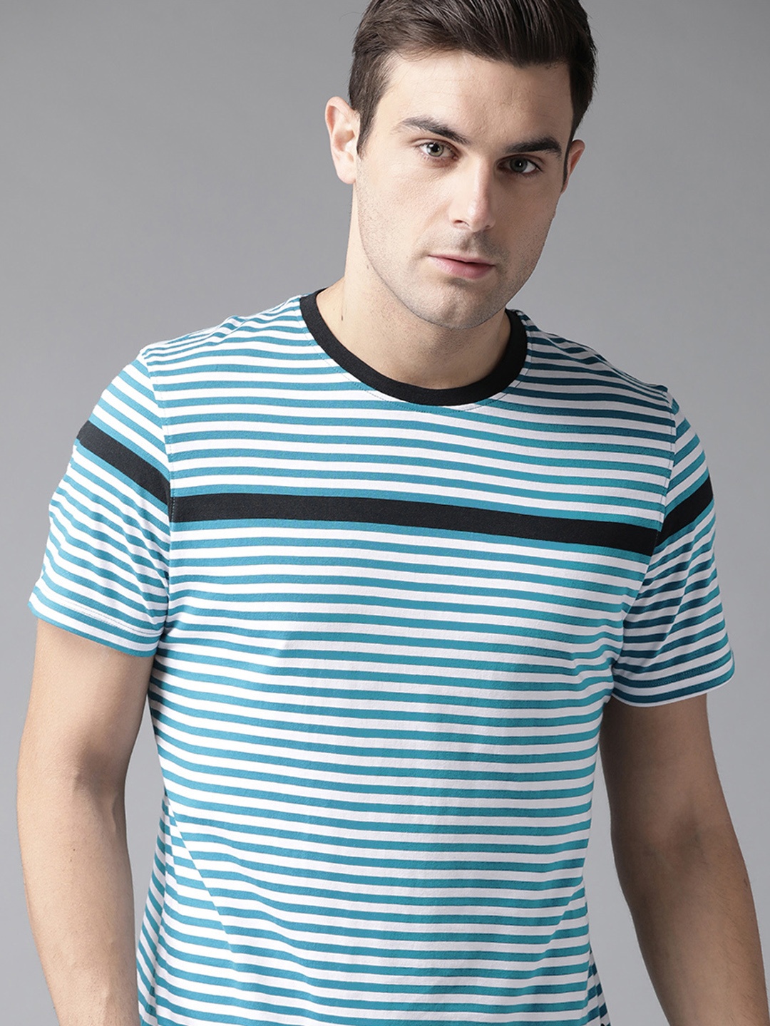 

The Roadster Lifestyle Co Men Teal Blue White Striped Round Neck Pure Cotton T-shirt