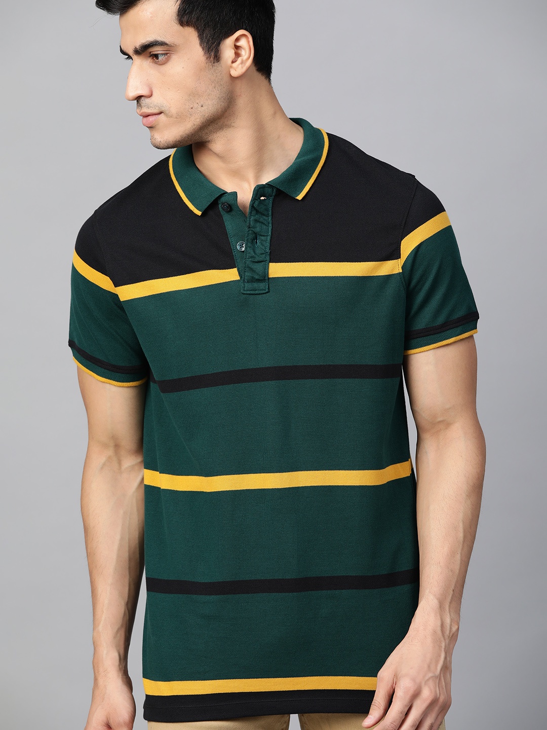 

The Roadster Lifestyle Co Men Green Black Striped Polo Collar Pure Cotton T-shirt
