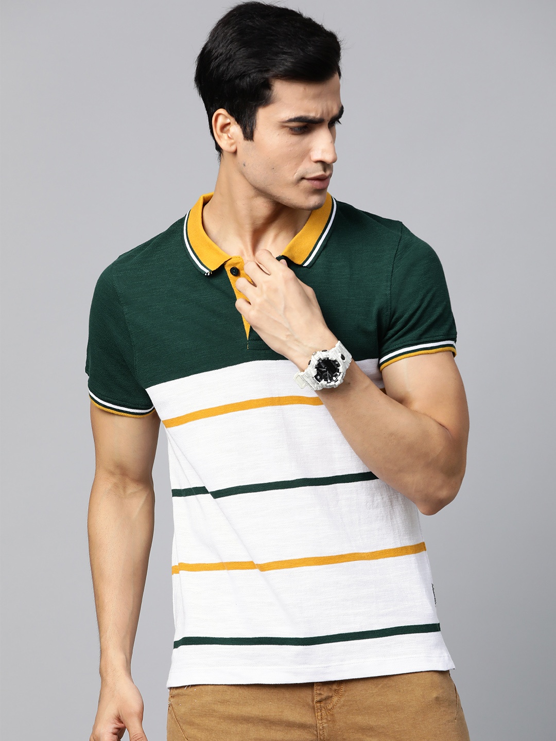 

The Roadster Lifestyle Co Men White & Green Striped Polo Collar T-shirt