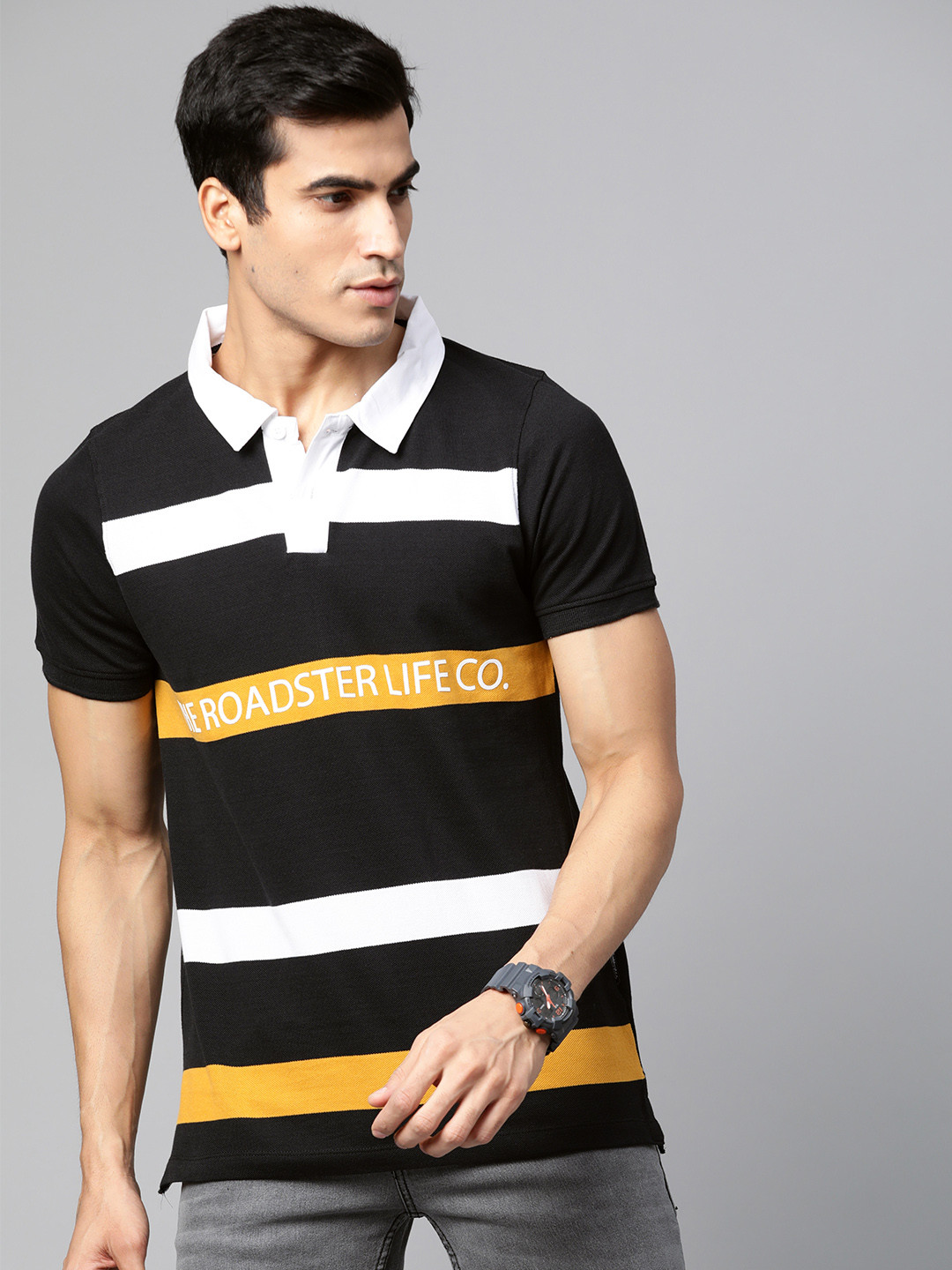 

The Roadster Lifestyle Co Men Black White Brand Logo Striped Polo Collar Pure Cotton T-shirt