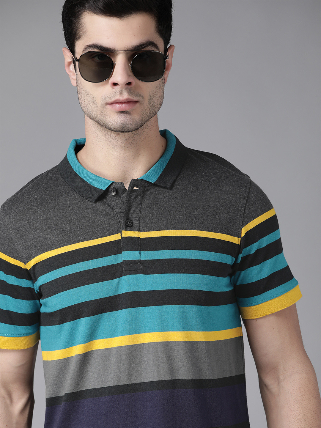 

The Roadster Lifestyle Co Men Charcoal Grey & Blue Striped Polo Collar T-shirt