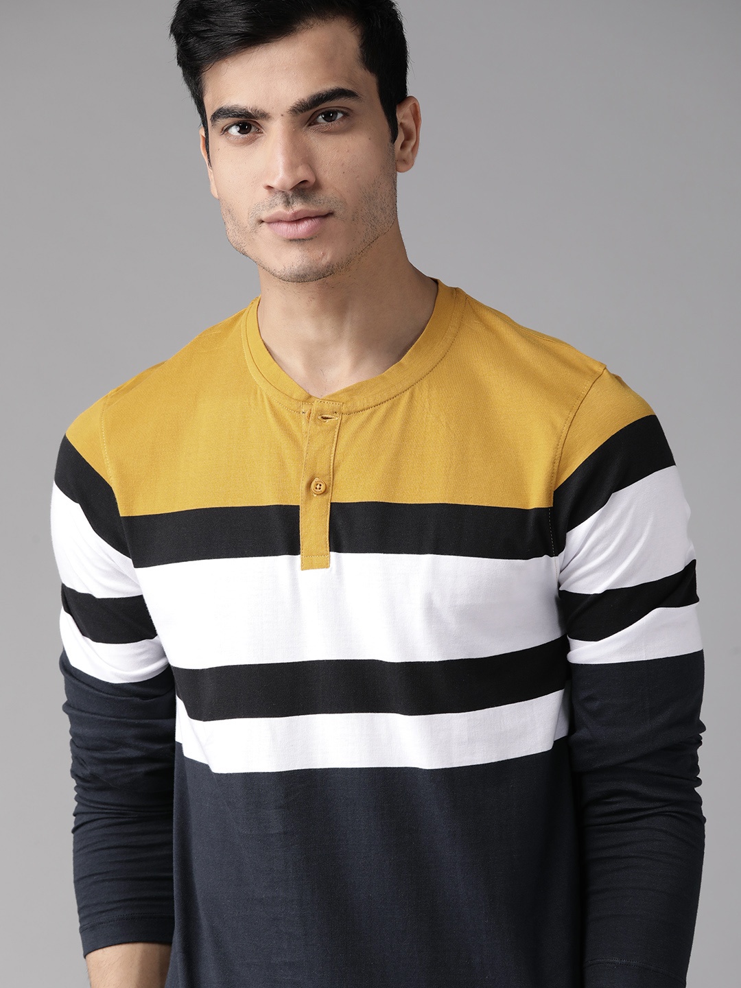 

The Roadster Lifestyle Co Men Navy Blue & White Striped Henley Neck T-shirt