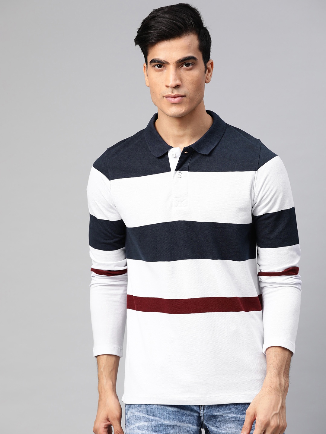 

The Roadster Lifestyle Co Men White & Navy Blue Striped Polo Collar T-shirt