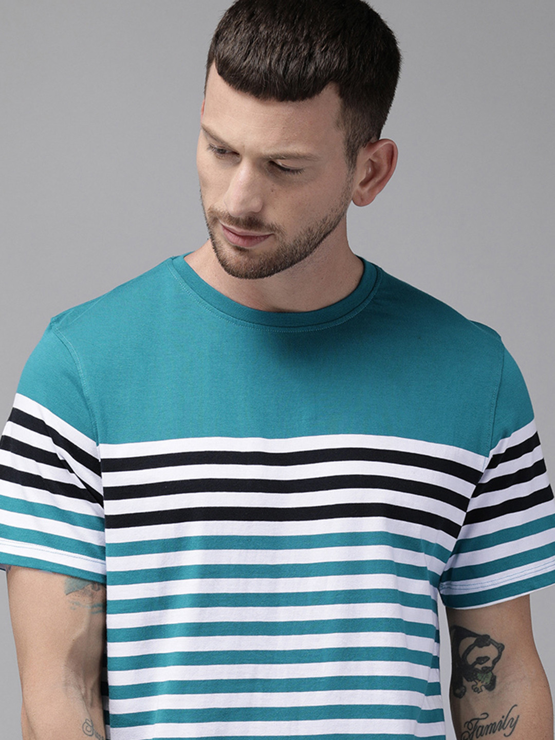 

The Roadster Lifestyle Co Men Teal Blue White Striped Round Neck Pure Cotton T-shirt