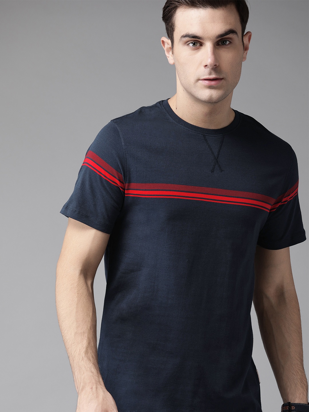 

The Roadster Lifestyle Co Men Navy Blue Solid Round Neck Pure Cotton T-shirt with Striped Detail