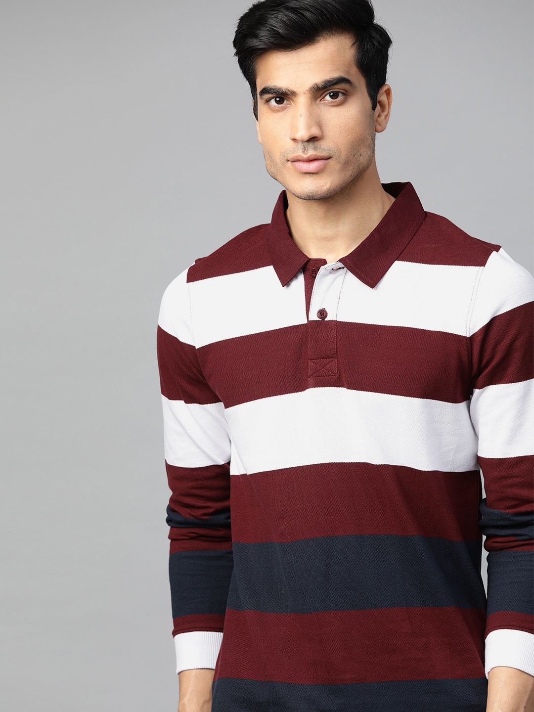 

The Roadster Lifestyle Co Men Maroon & Navy Blue Striped Polo Collar T-shirt
