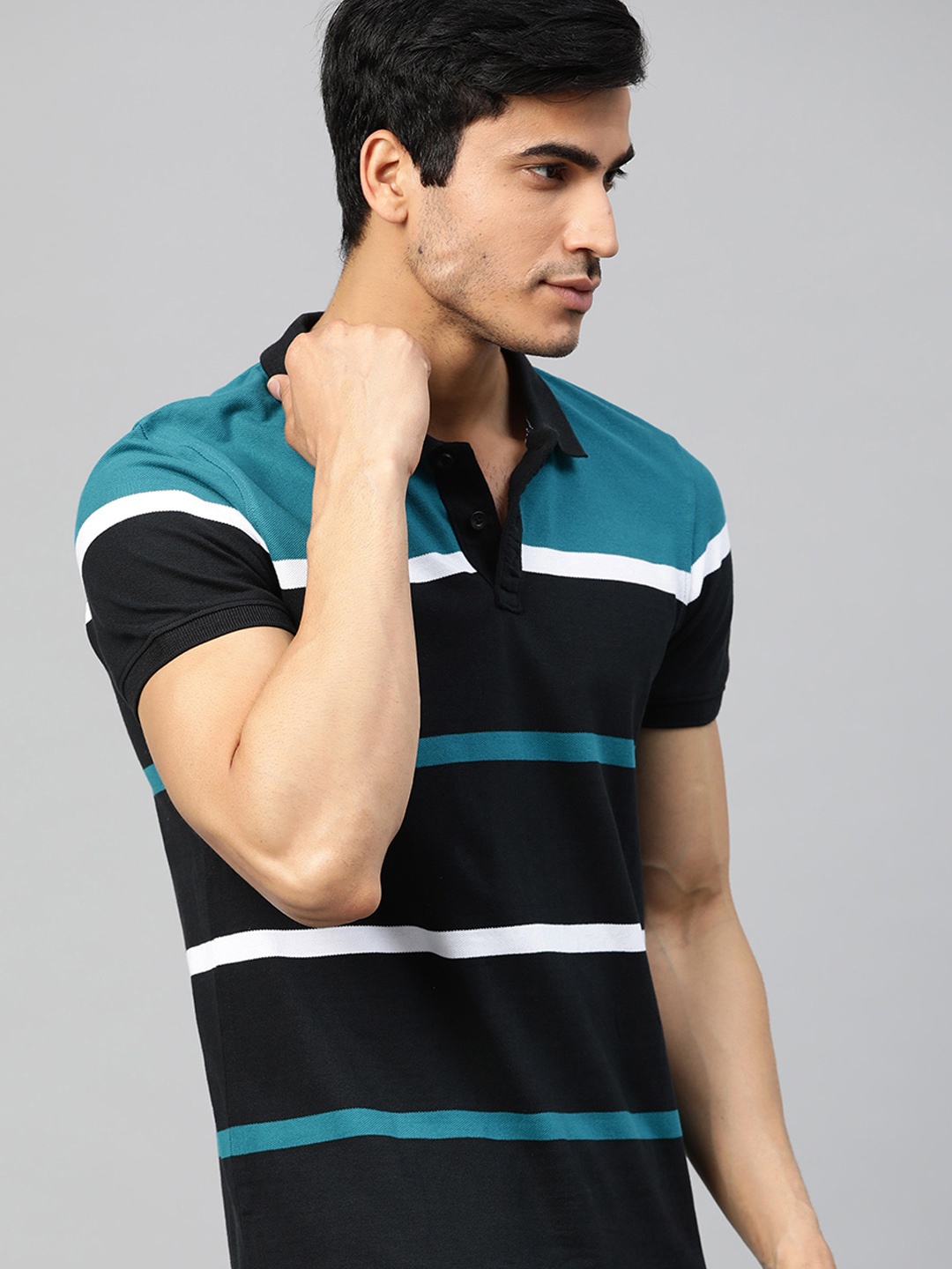 

The Roadster Lifestyle Co Men Navy Blue & Sea Green Striped Polo Collar T-shirt