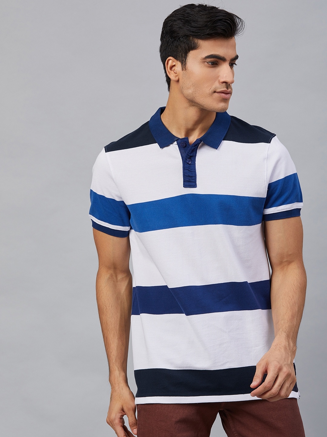 

The Roadster Lifestyle Co Men White Striped Polo Collar Pure Cotton T-shirt