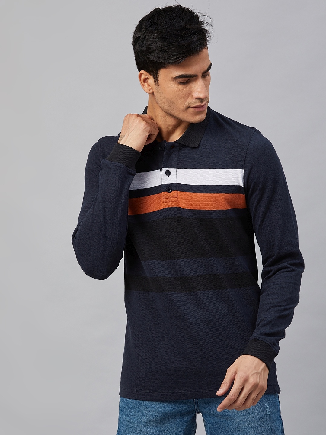 

The Roadster Lifestyle Co Men Navy Blue and Black Striped Polo Collar T-shirt