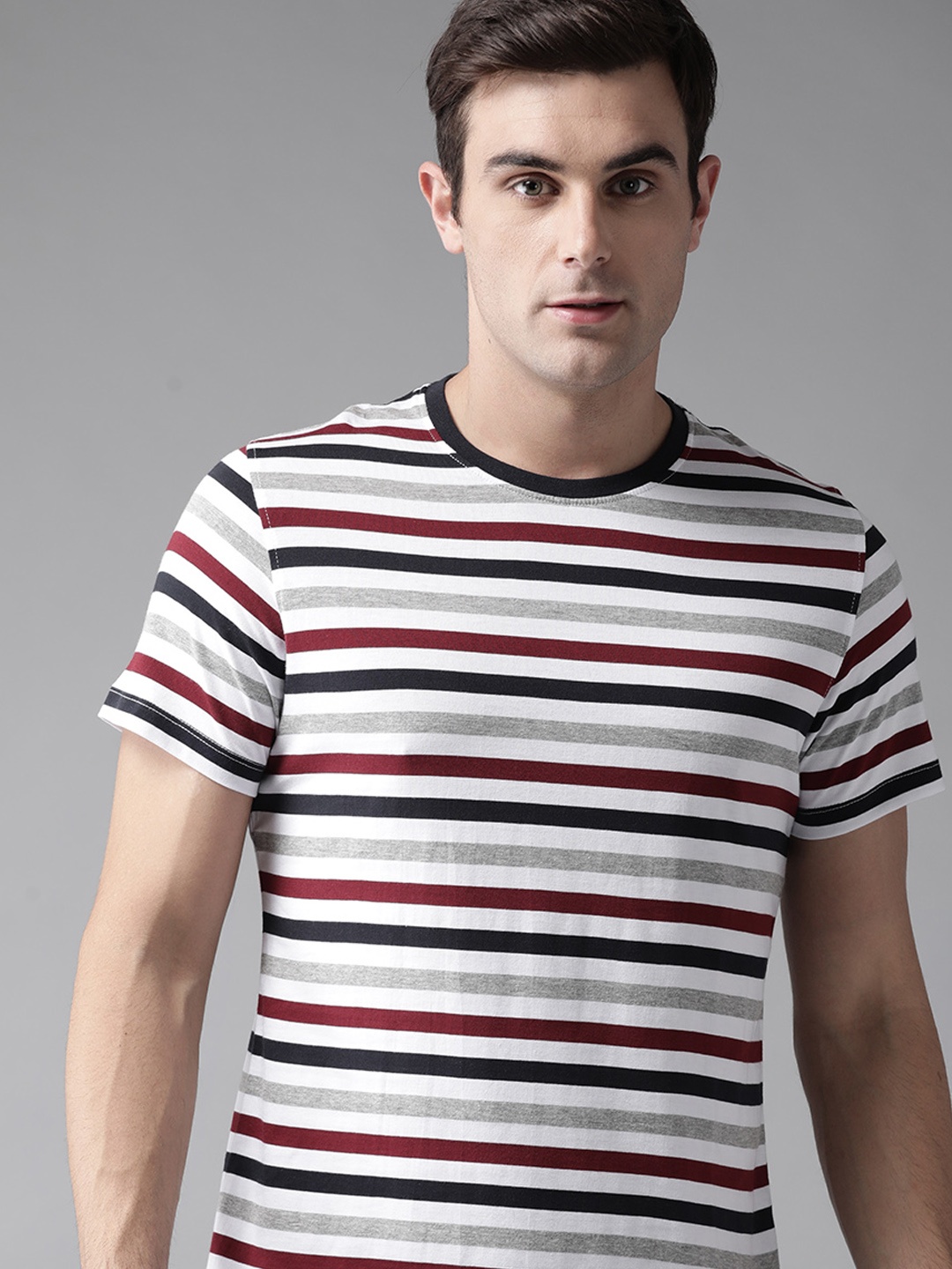 

The Roadster Lifestyle Co Men White & Maroon Striped Round Neck T-shirt