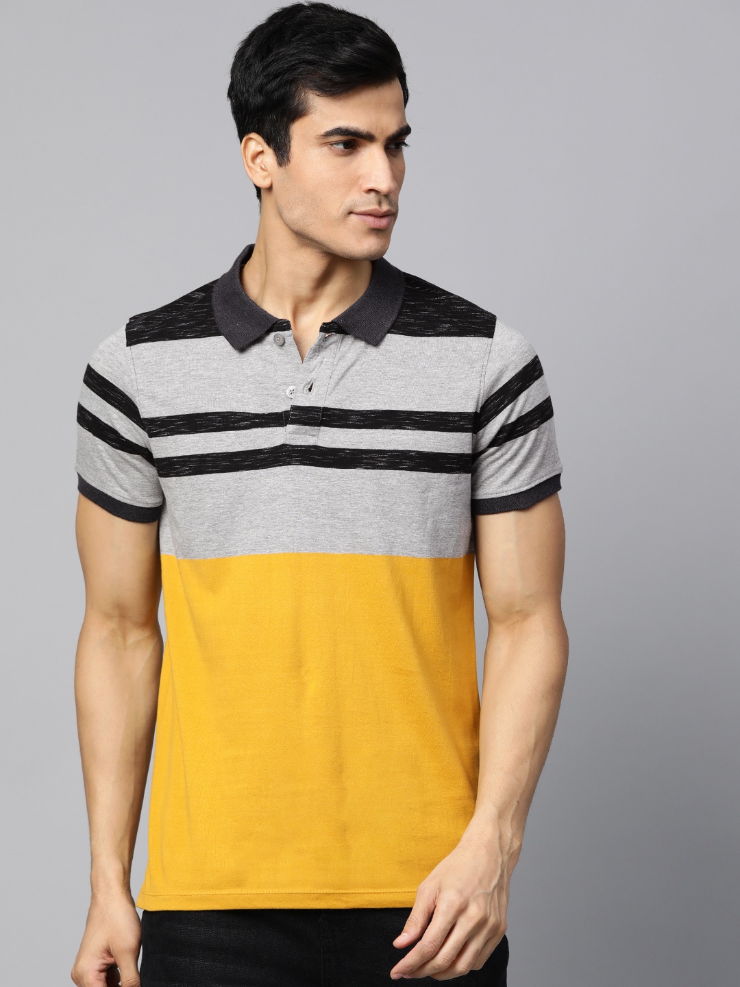 

The Roadster Lifestyle Co Men Mustard Yellow Colourblocked Polo Collar T-shirt