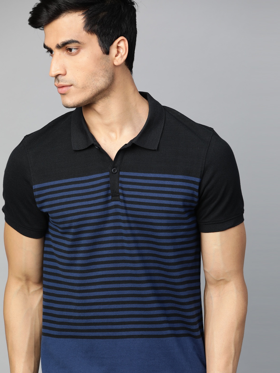 

The Roadster Lifestyle Co Men Black & Navy Blue Striped Polo Collar T-shirt