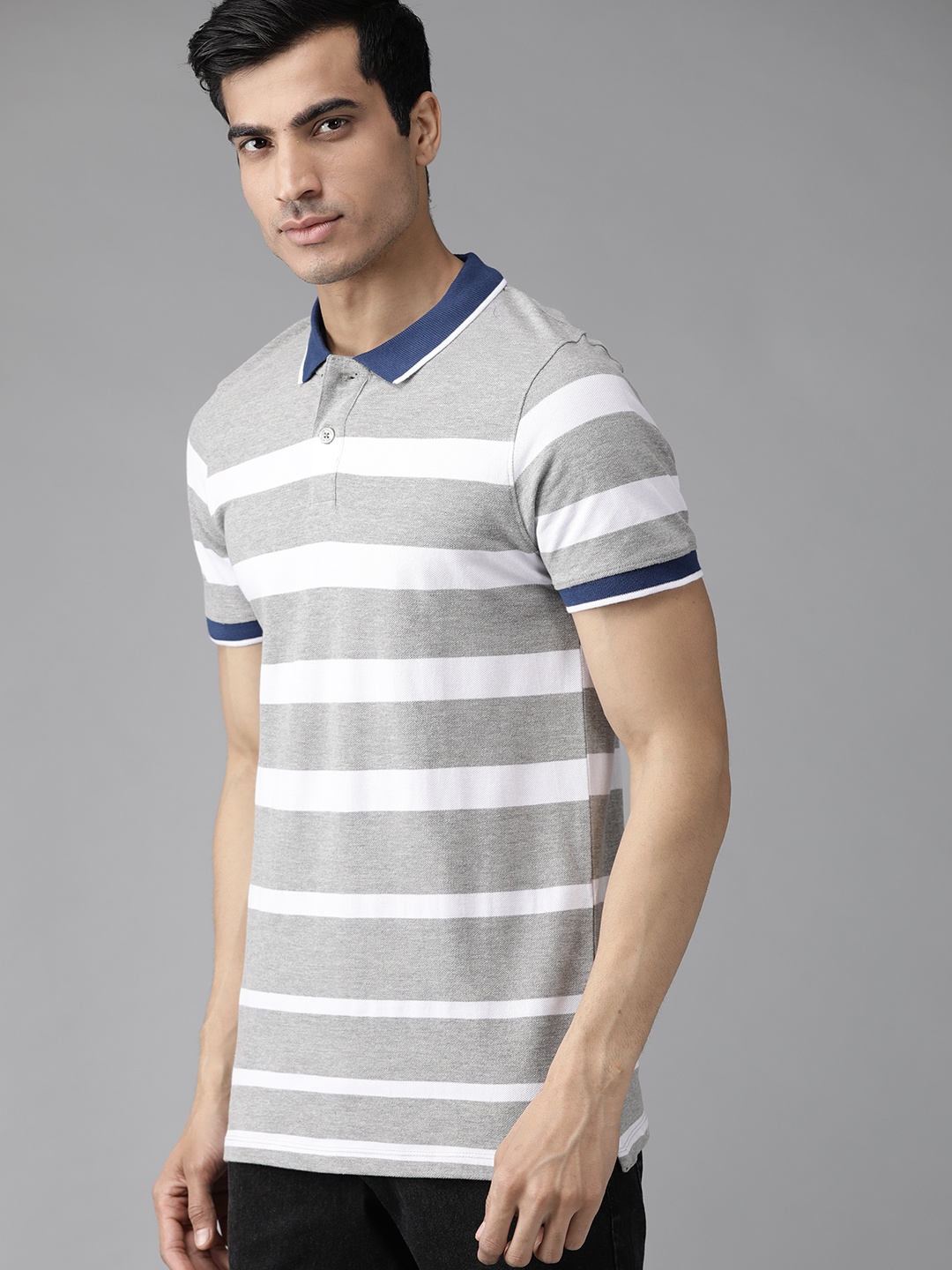 

The Roadster Lifestyle Co Men Grey Melange & White Striped Polo Collar T-shirt