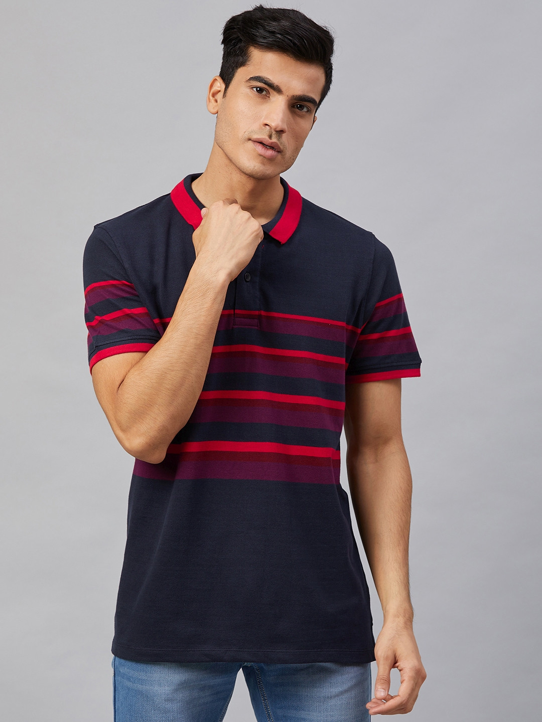 

The Roadster Lifestyle Co Men Navy Blue Striped Polo Collar Pure Cotton T-shirt