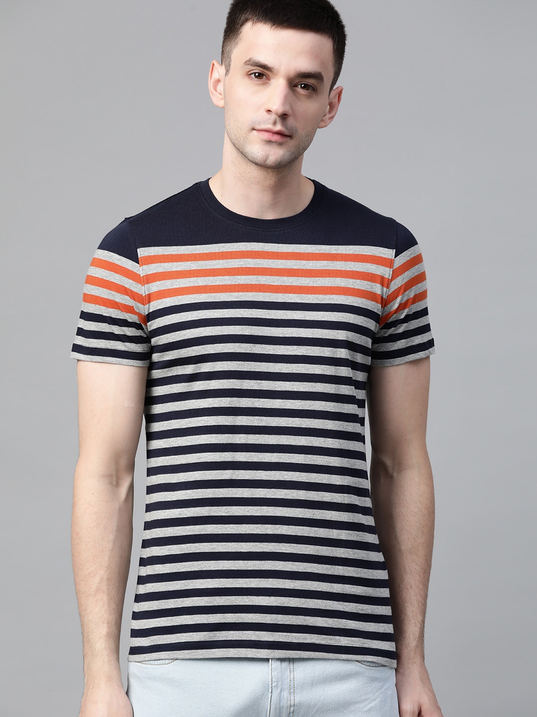 

The Roadster Lifestyle Co Men Navy Blue & Grey Melange Striped Round Neck T-shirt