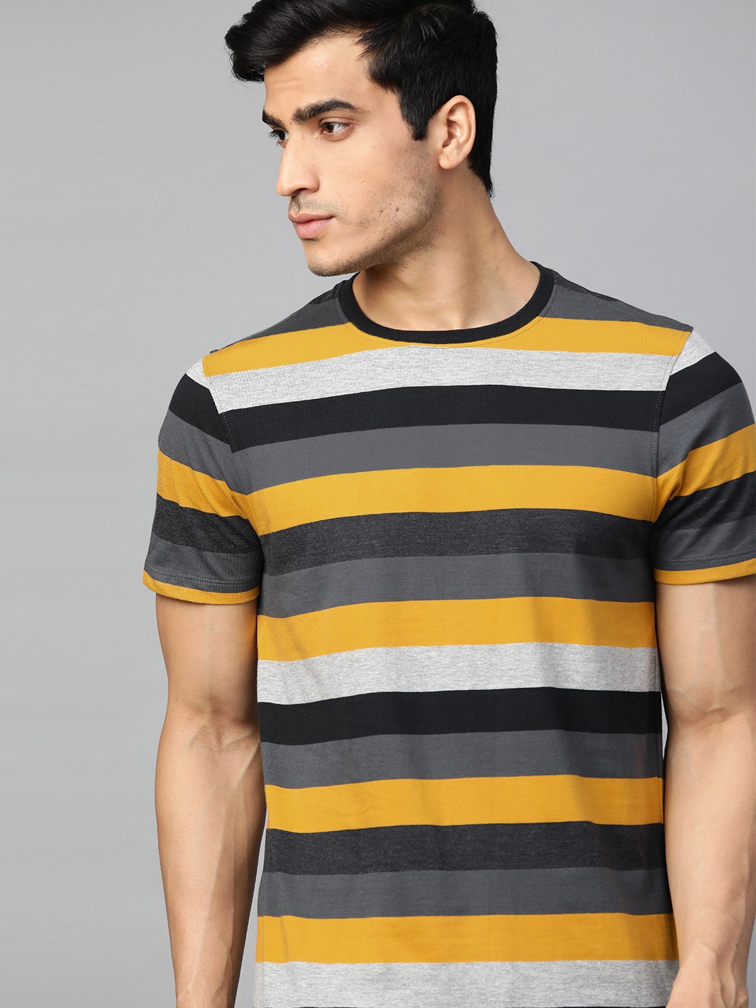 

The Roadster Lifestyle Co Men Mustard Yellow Grey Striped Round Neck Pure Cotton T-shirt