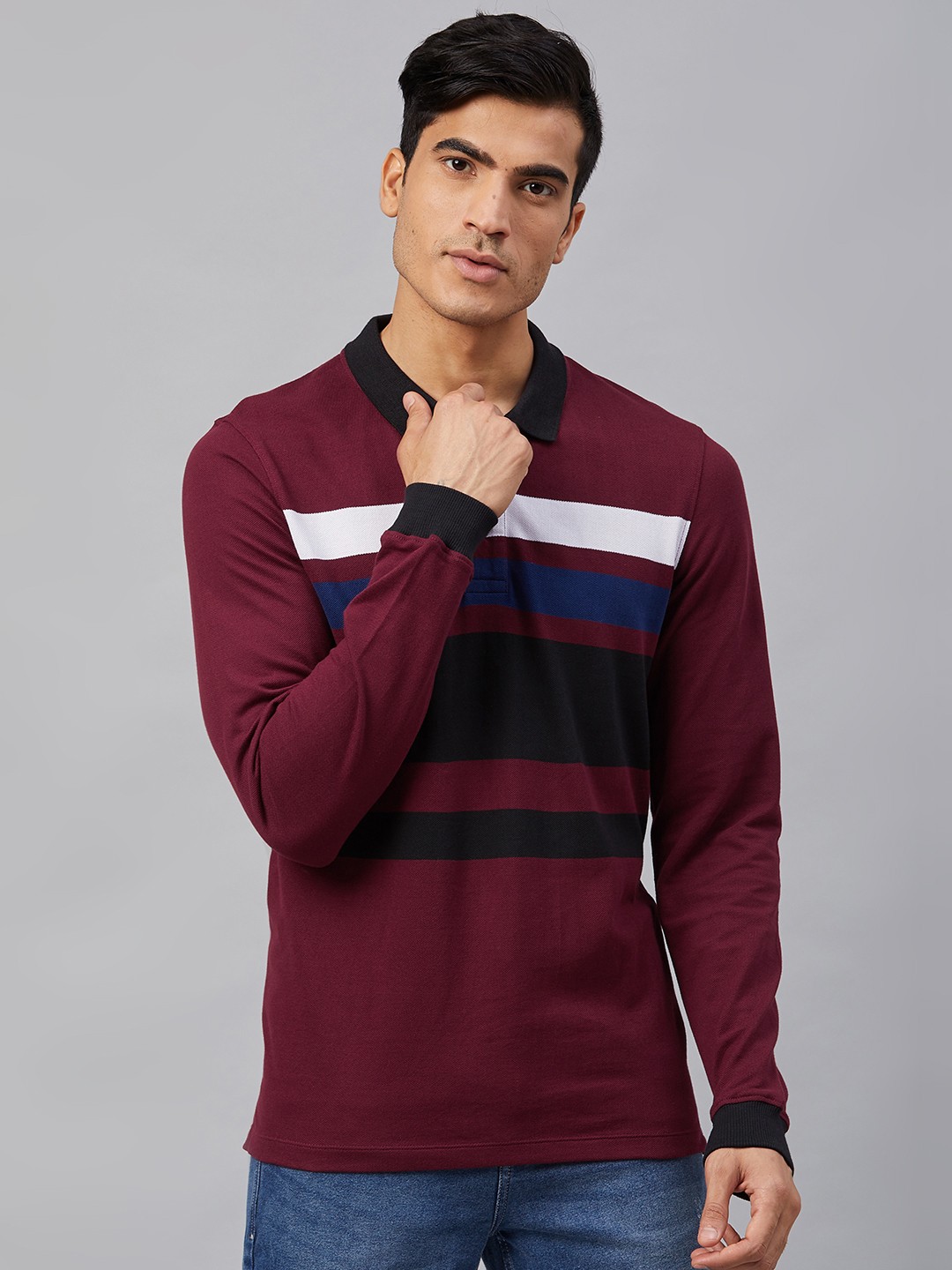 

The Roadster Lifestyle Co Men Maroon and Black Striped Polo Collar T-shirt