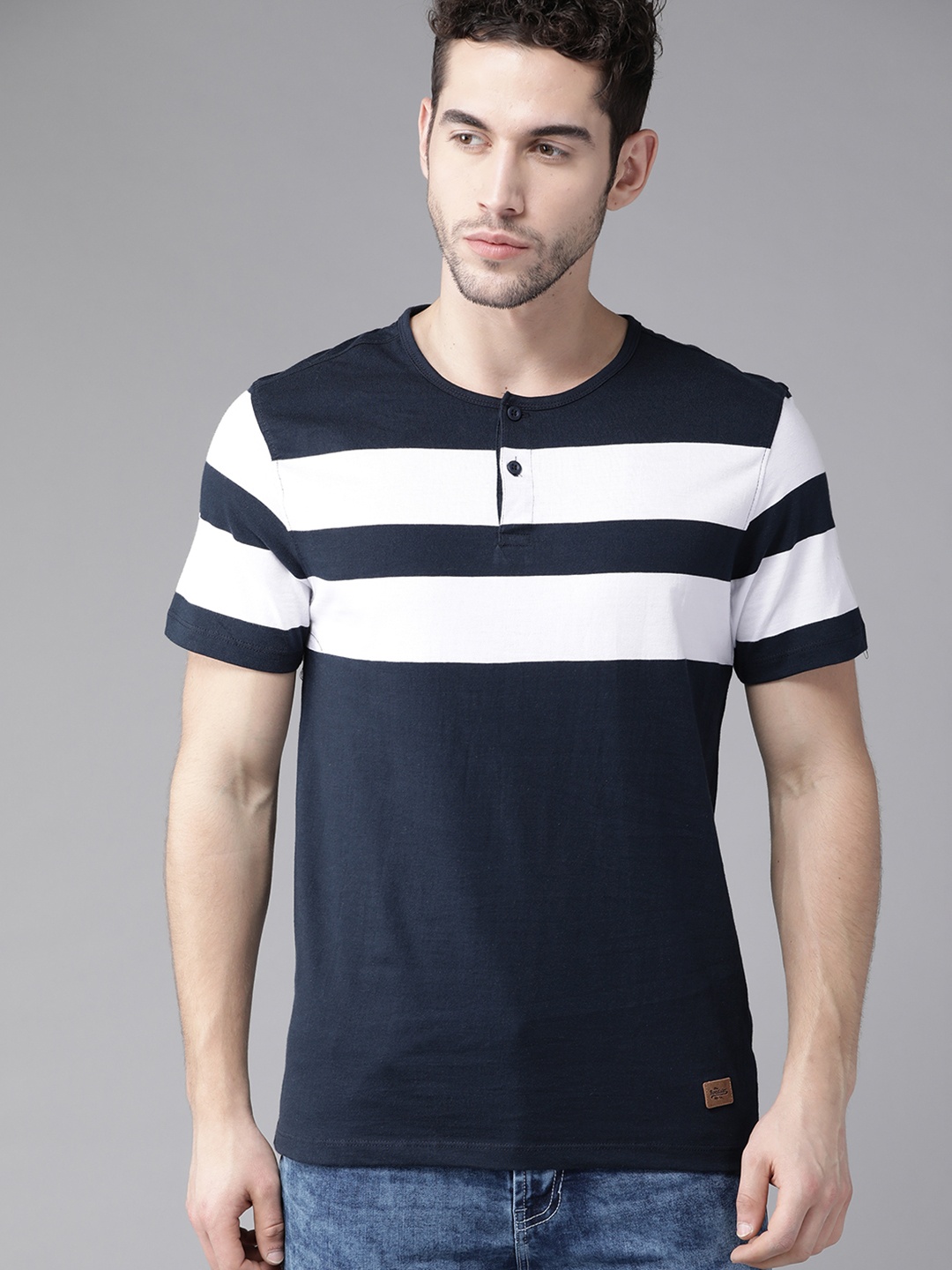 

The Roadster Lifestyle Co Men Navy White Pure Cotton Striped Henley Neck Pure Cotton T-shirt, Navy blue