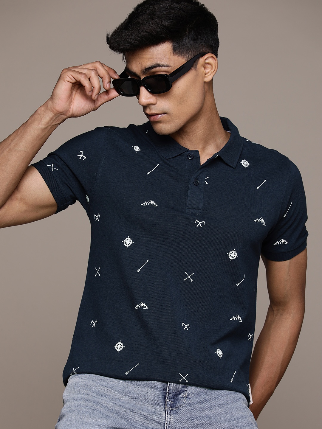 

The Roadster Lifestyle Co. Printed Pure Cotton Polo Collar T-shirt, Navy blue