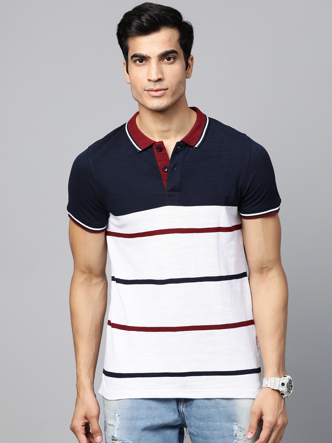 

The Roadster Lifestyle Co Men White & Navy Blue Striped Polo Collar T-shirt