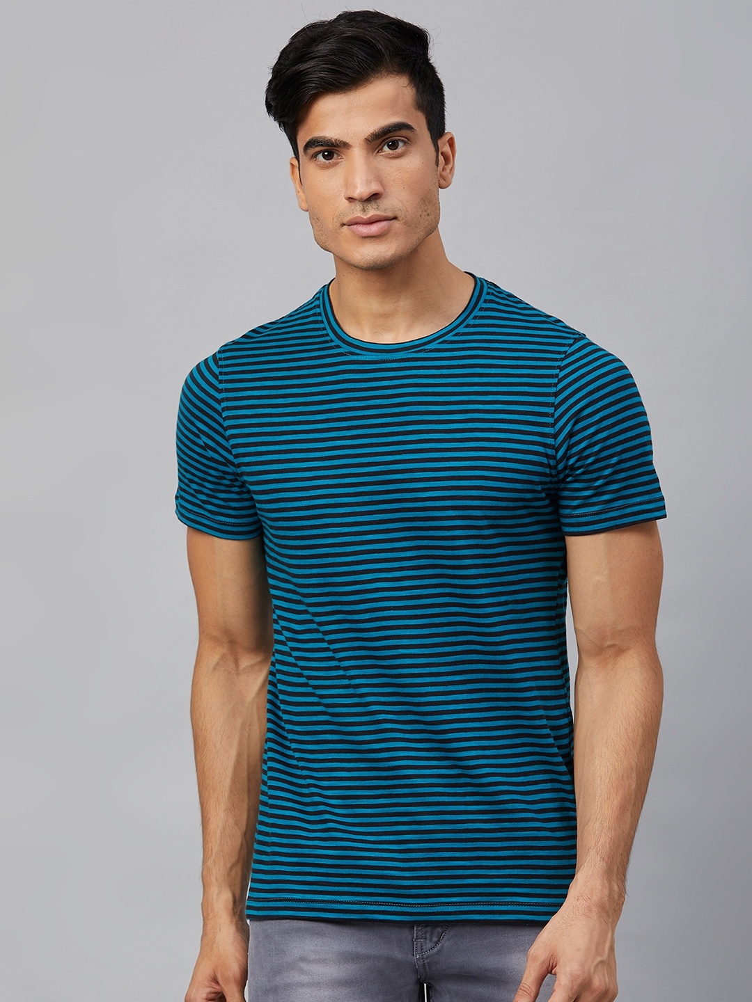 

The Roadster Lifestyle Co Men Turquoise Blue Black Striped Round Neck Pure Cotton T-shirt