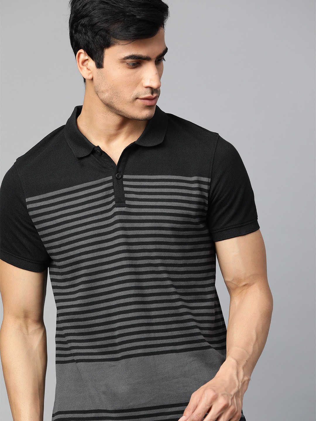 

The Roadster Lifestyle Co Men Black & Grey Striped Polo Collar T-shirt