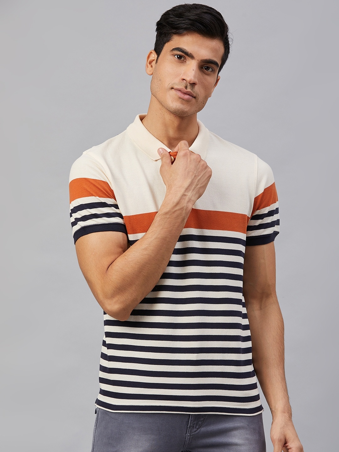 

The Roadster Lifestyle Co Men White Navy Striped Polo Collar Pure Cotton T-shirt