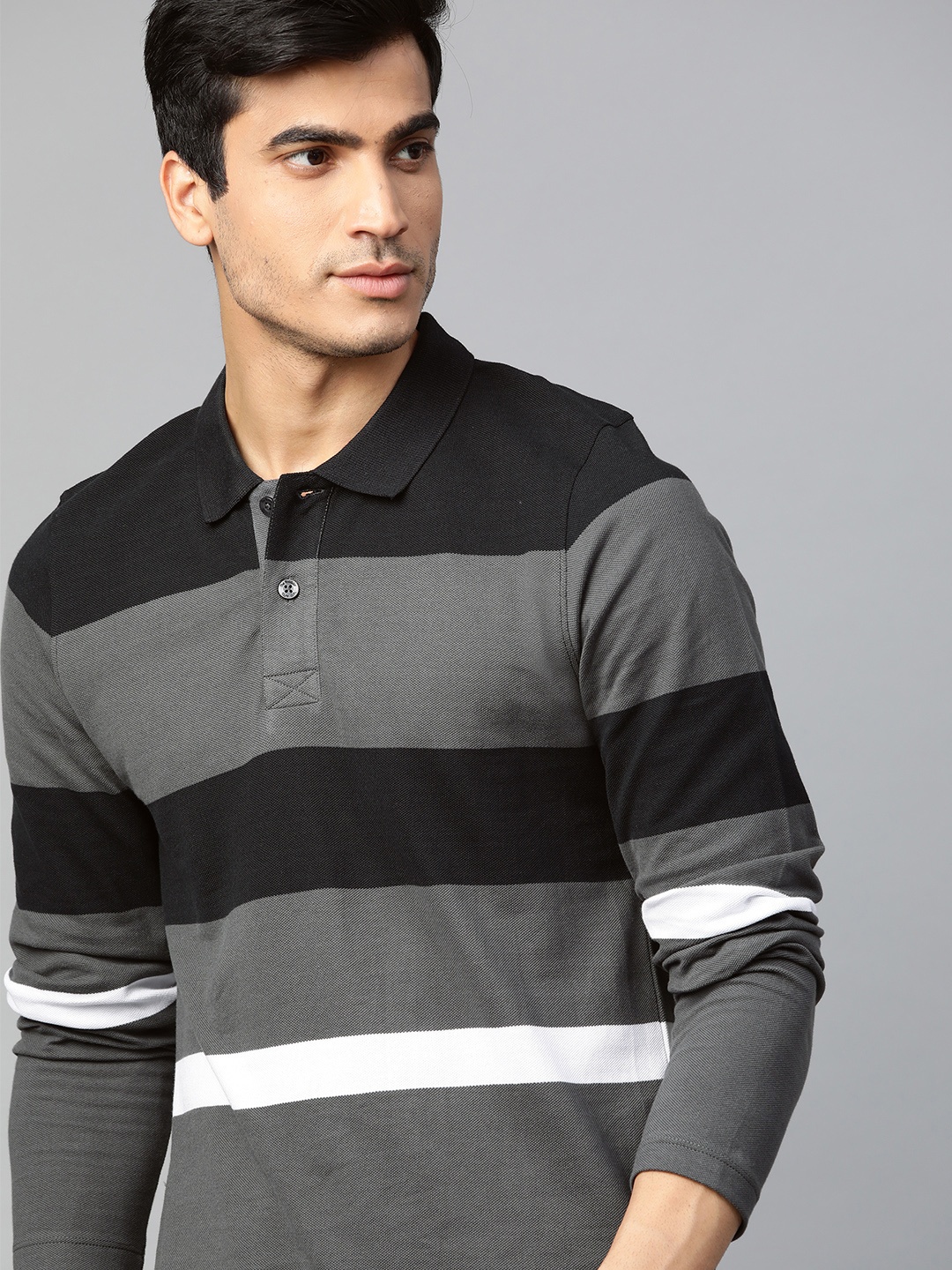 

The Roadster Lifestyle Co Men Charcoal Grey & Black Striped Polo Collar T-shirt