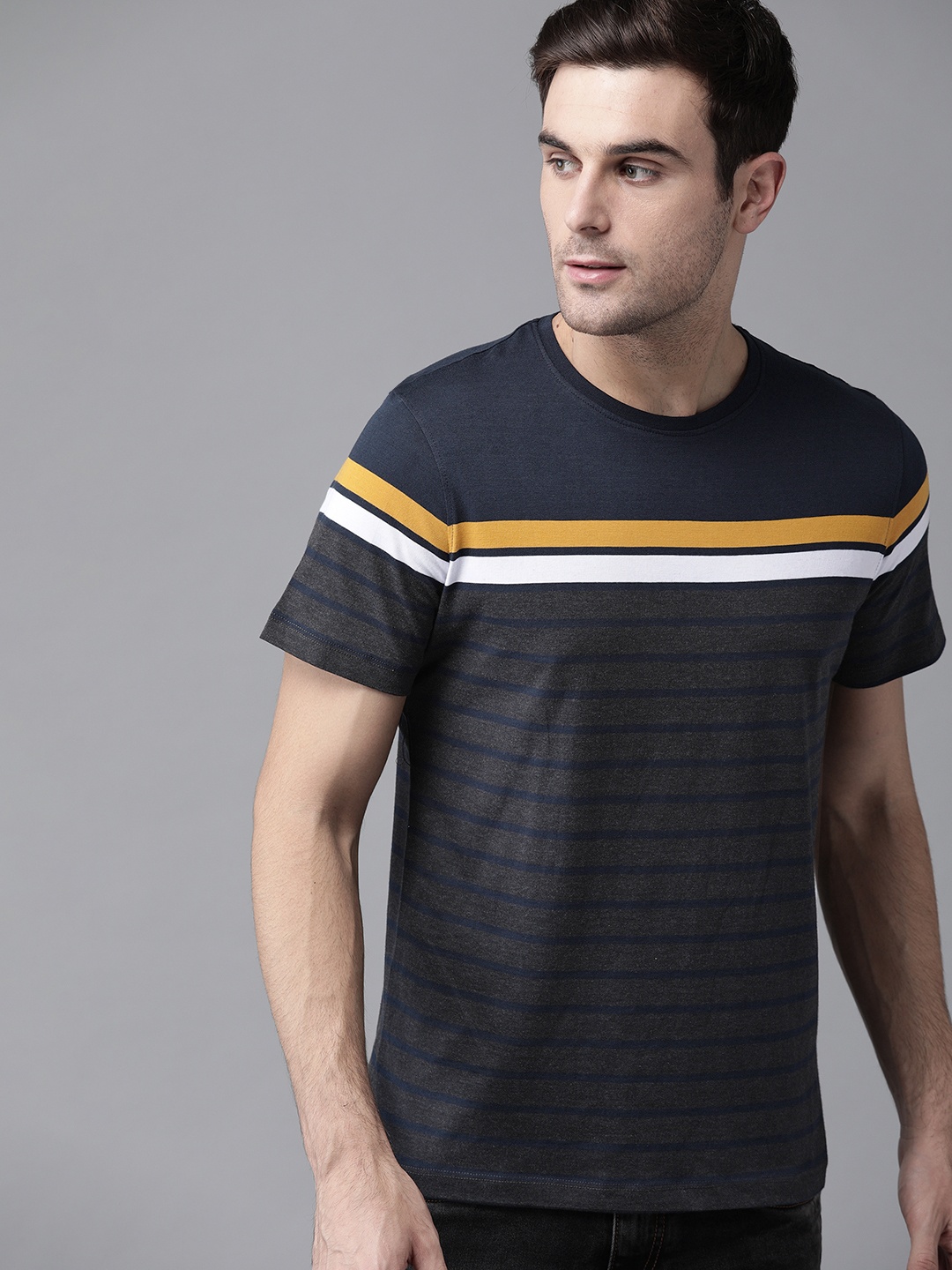 

The Roadster Lifestyle Co Men Navy Blue & Charcoal Grey Striped Round Neck T-shirt