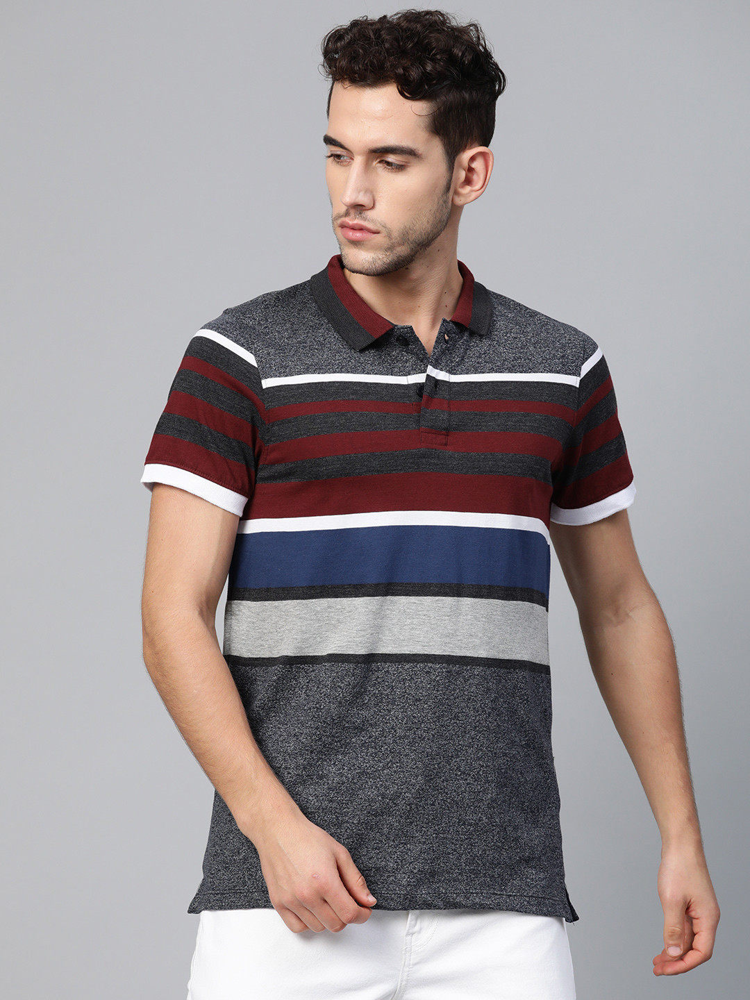 

The Roadster Lifestyle Co Men Navy Blue & Maroon Striped Polo Collar T-shirt