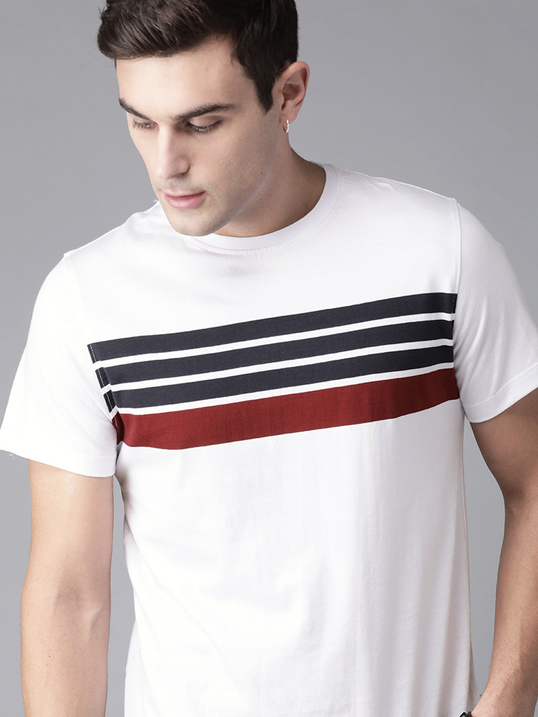 

The Roadster Lifestyle Co Men White & Navy Blue Striped Round Neck T-shirt