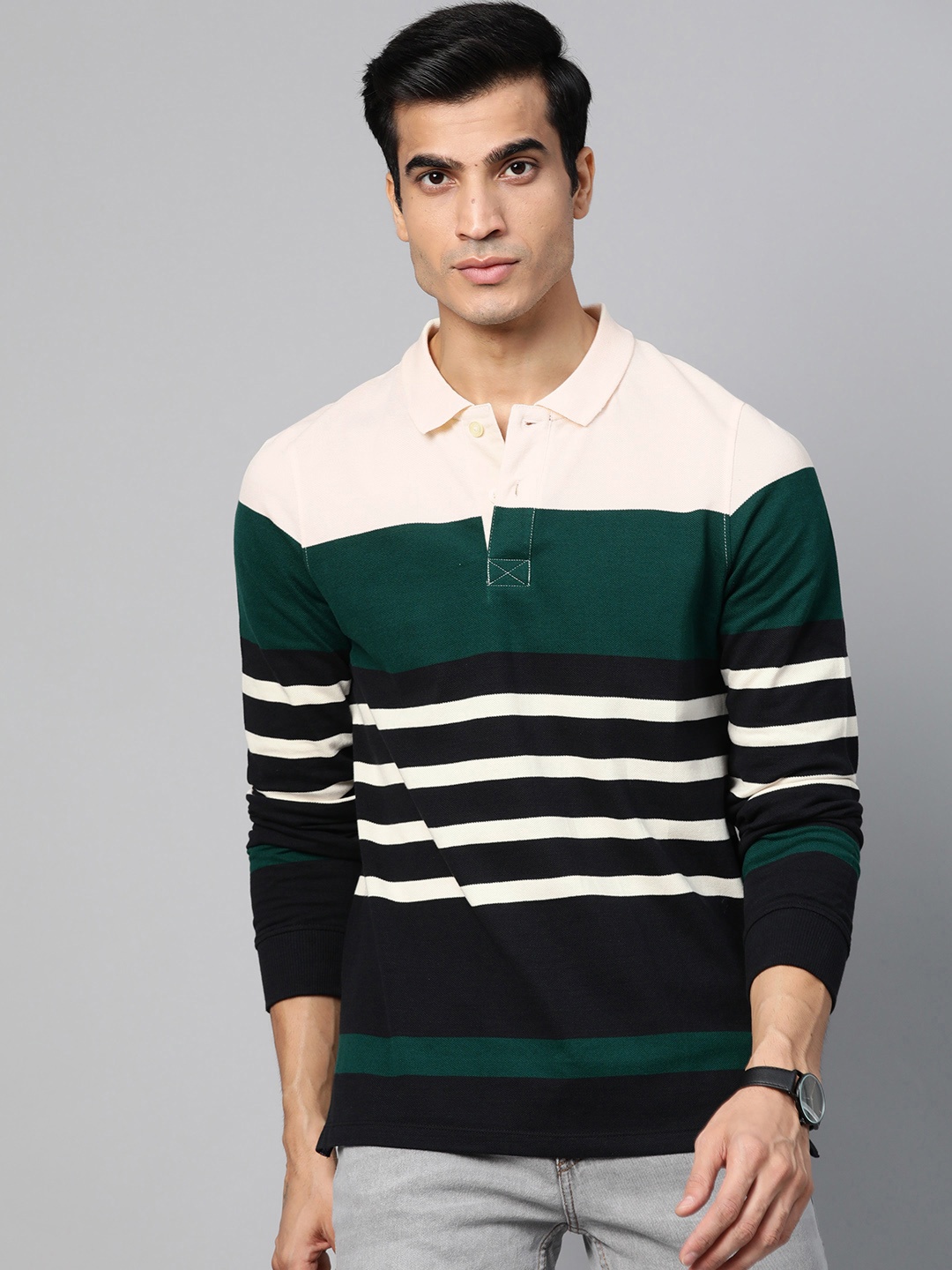 

The Roadster Lifestyle Co Men Green Navy Blue Multi Striped Polo Collar Pure Cotton T-shirt