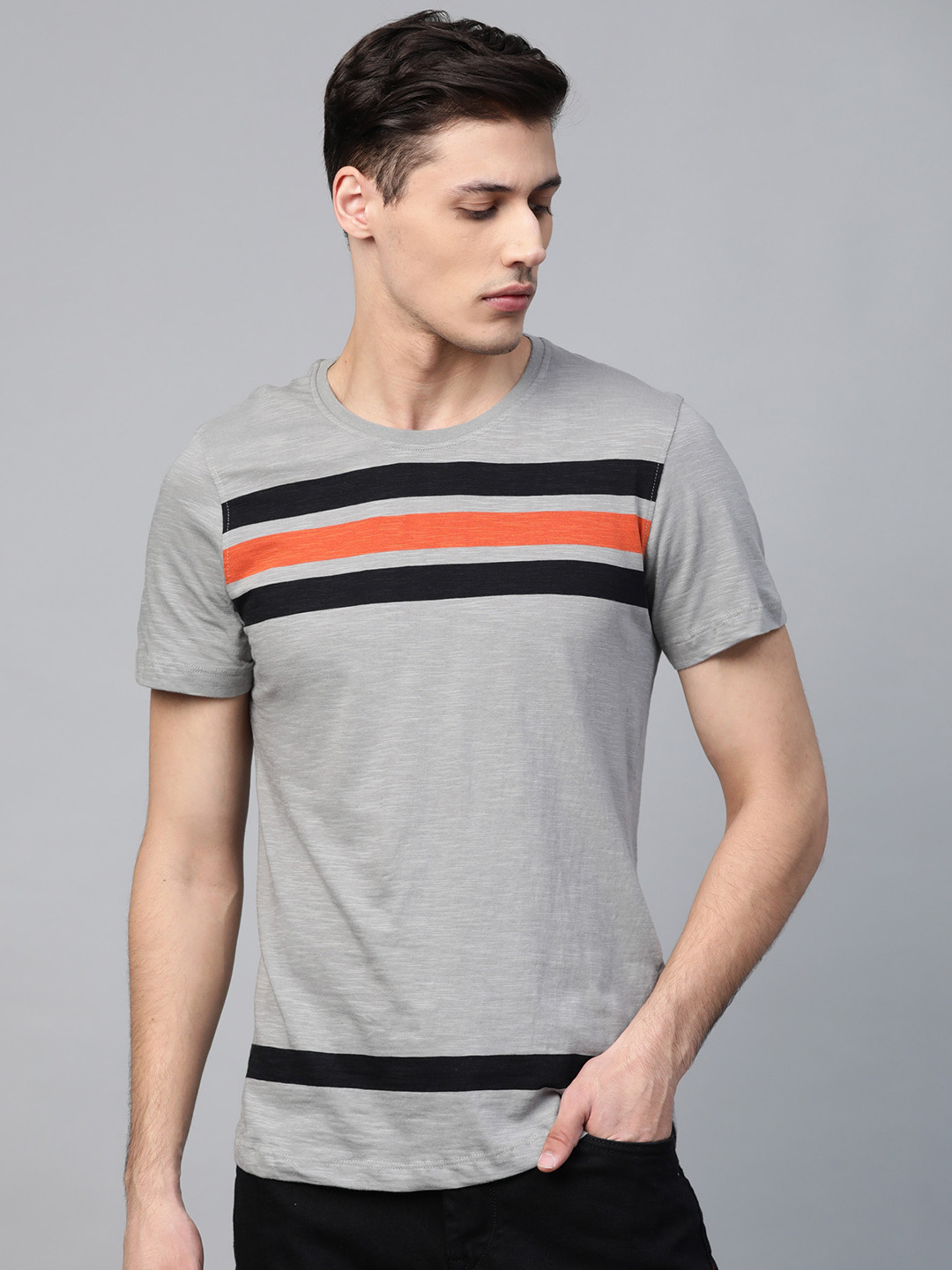 

The Roadster Lifestyle Co Men Grey & Black Striped Round Neck T-shirt