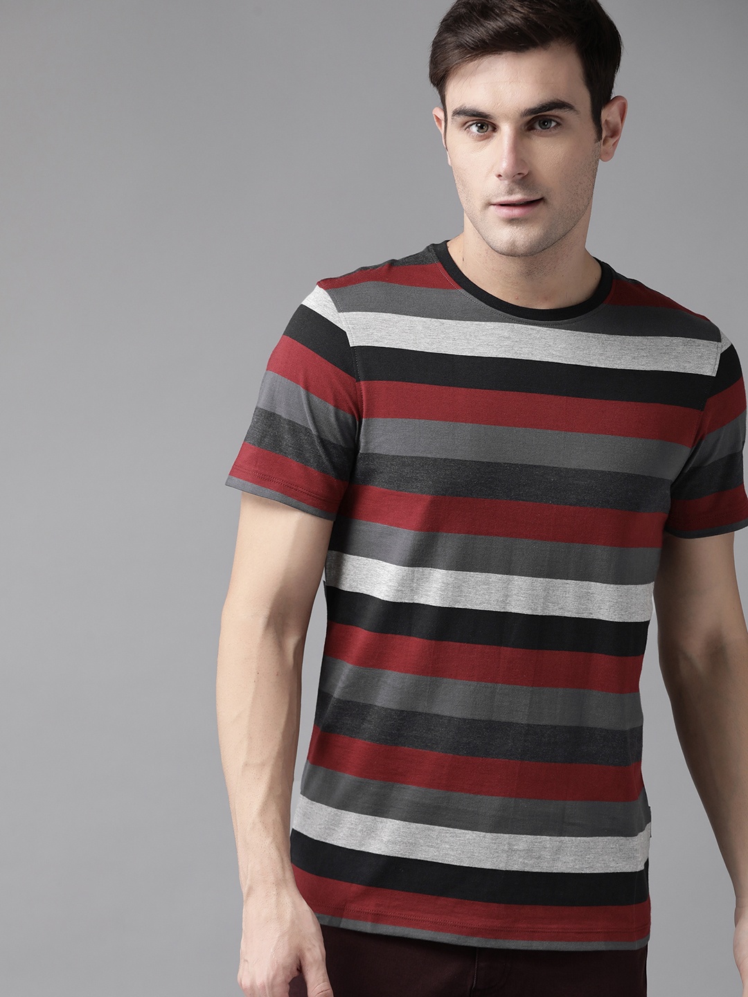 

The Roadster Lifestyle Co Men Grey Melange & Maroon Striped Round Neck T-shirt