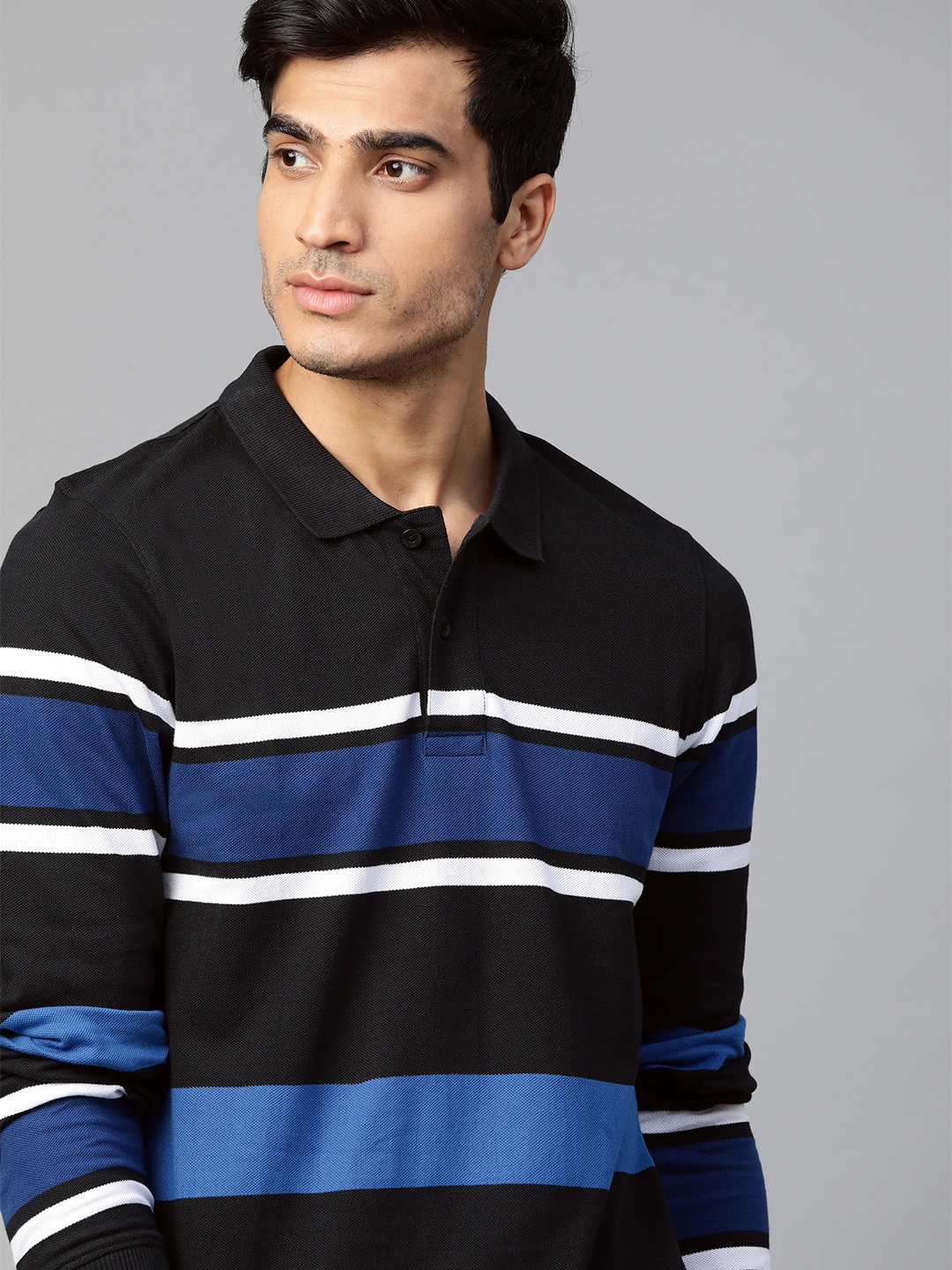 

The Roadster Lifestyle Co Men Black & Blue Striped Polo Collar T-shirt
