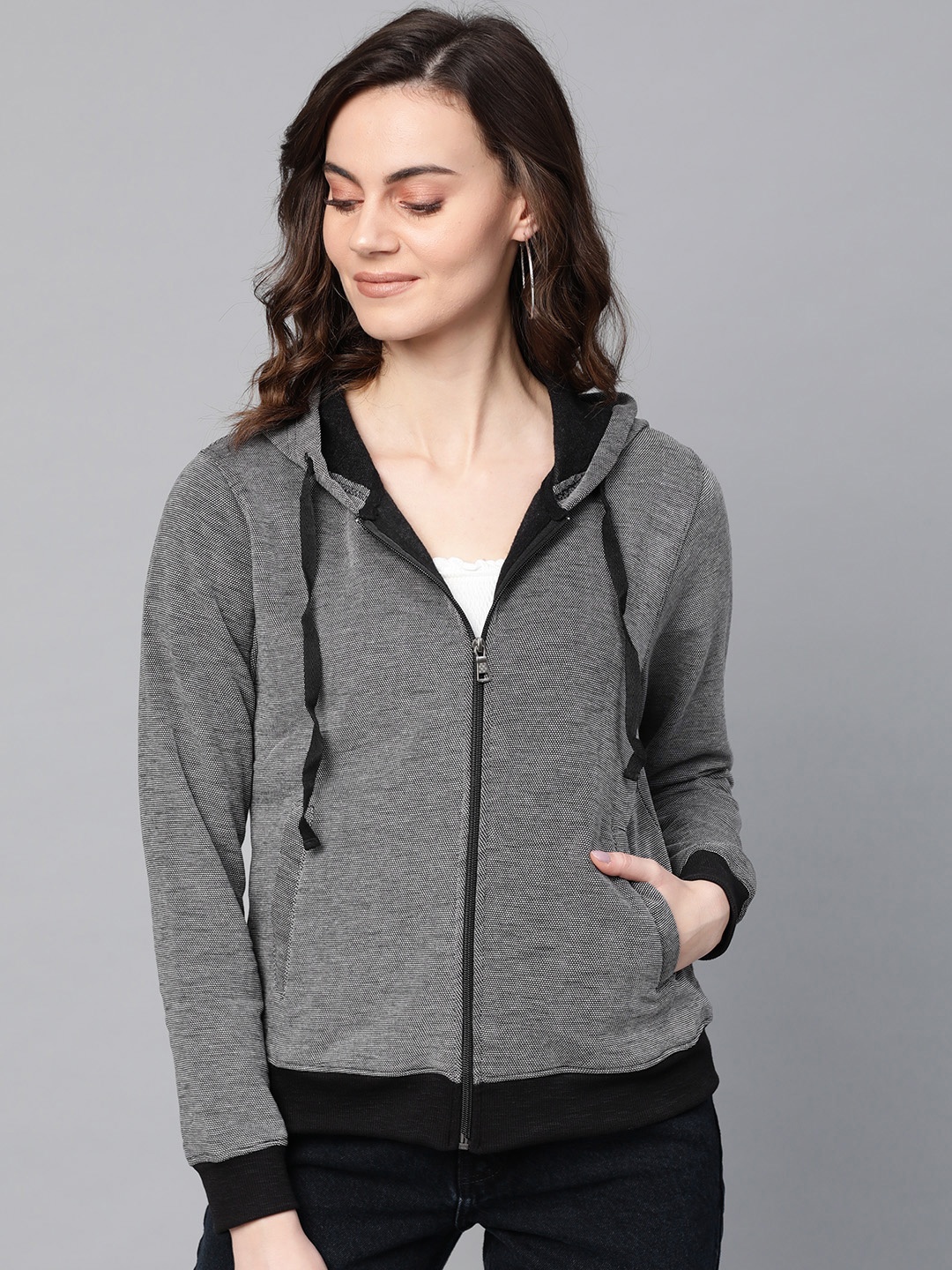 

RARE Women Grey Self Design Hooded Sweatshirt