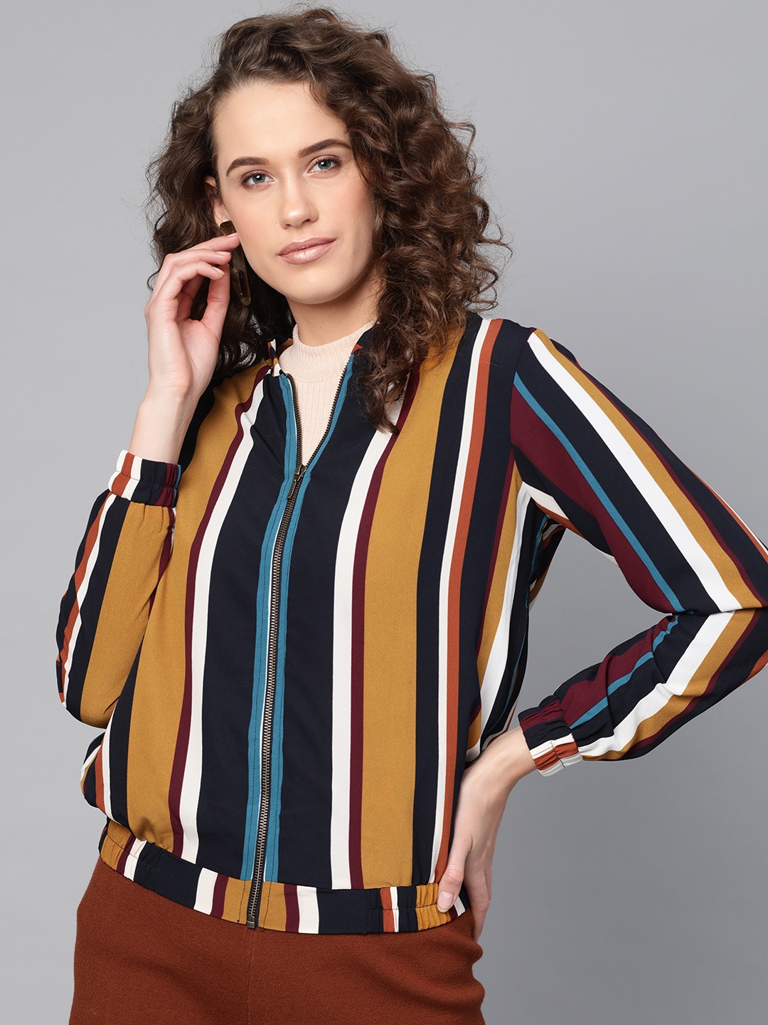 

RARE Women Multi-Coloured Striped Bomber Jacket