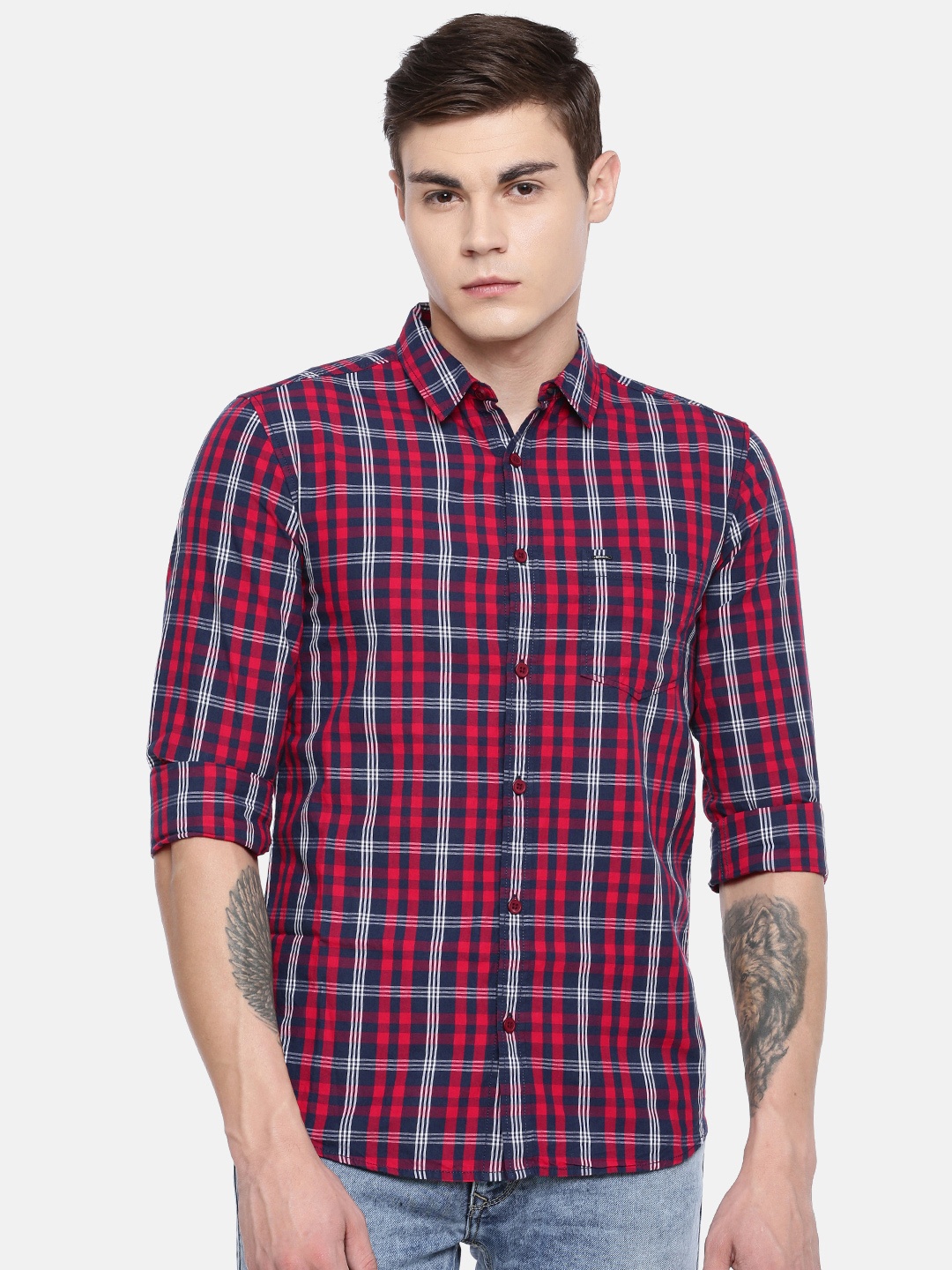 

SPYKAR Men Navy Blue & Red Purist Slim Fit Checked Casual Shirt