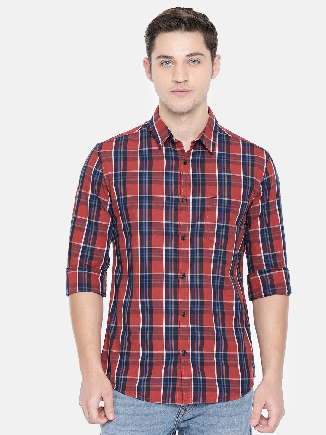 

SPYKAR Men Rust Red & Navy Blue Checked Slim Fit Casual Shirt