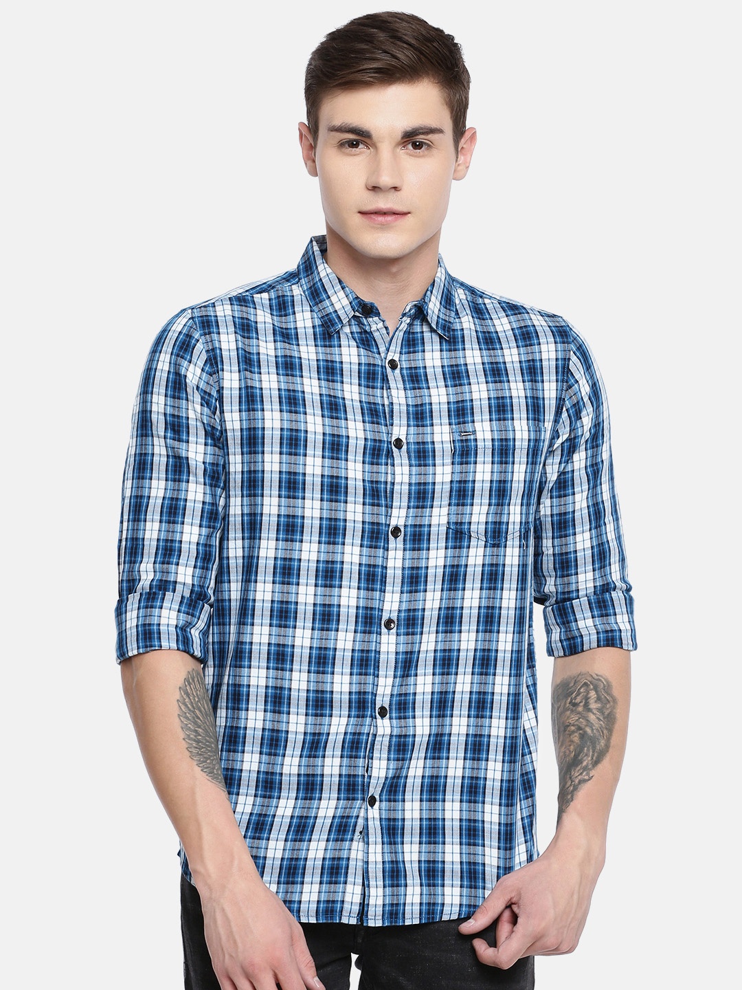 

SPYKAR Men Teal Blue & White Slim Fit Checked Casual Shirt