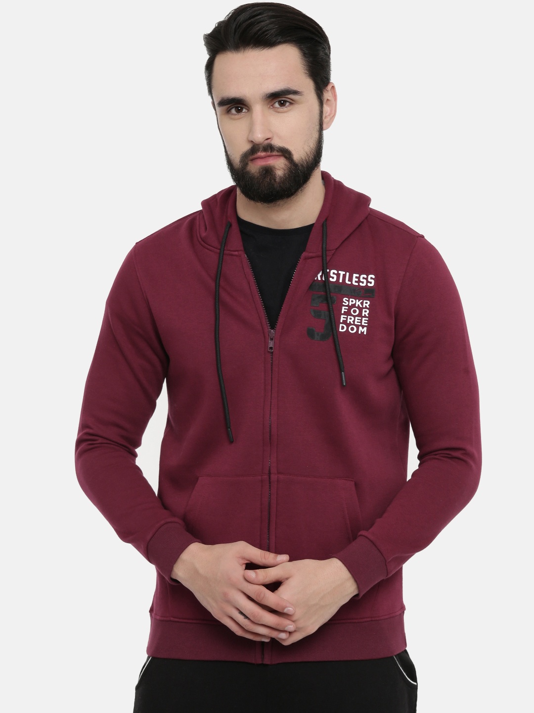 

SPYKAR Men Maroon Solid Hooded Sweatshirt