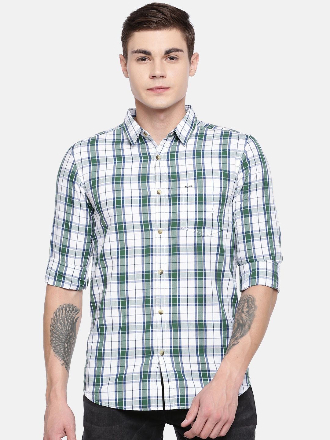 

SPYKAR Men White & Green Slim Fit Checked Casual Shirt