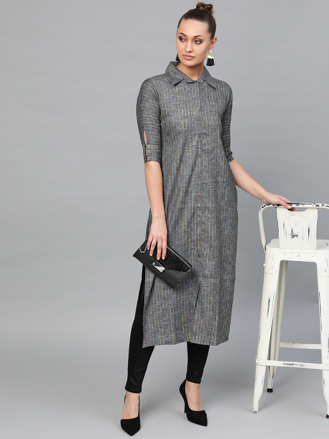 

Indo Era Women Grey Self-Striped Straight Kurta