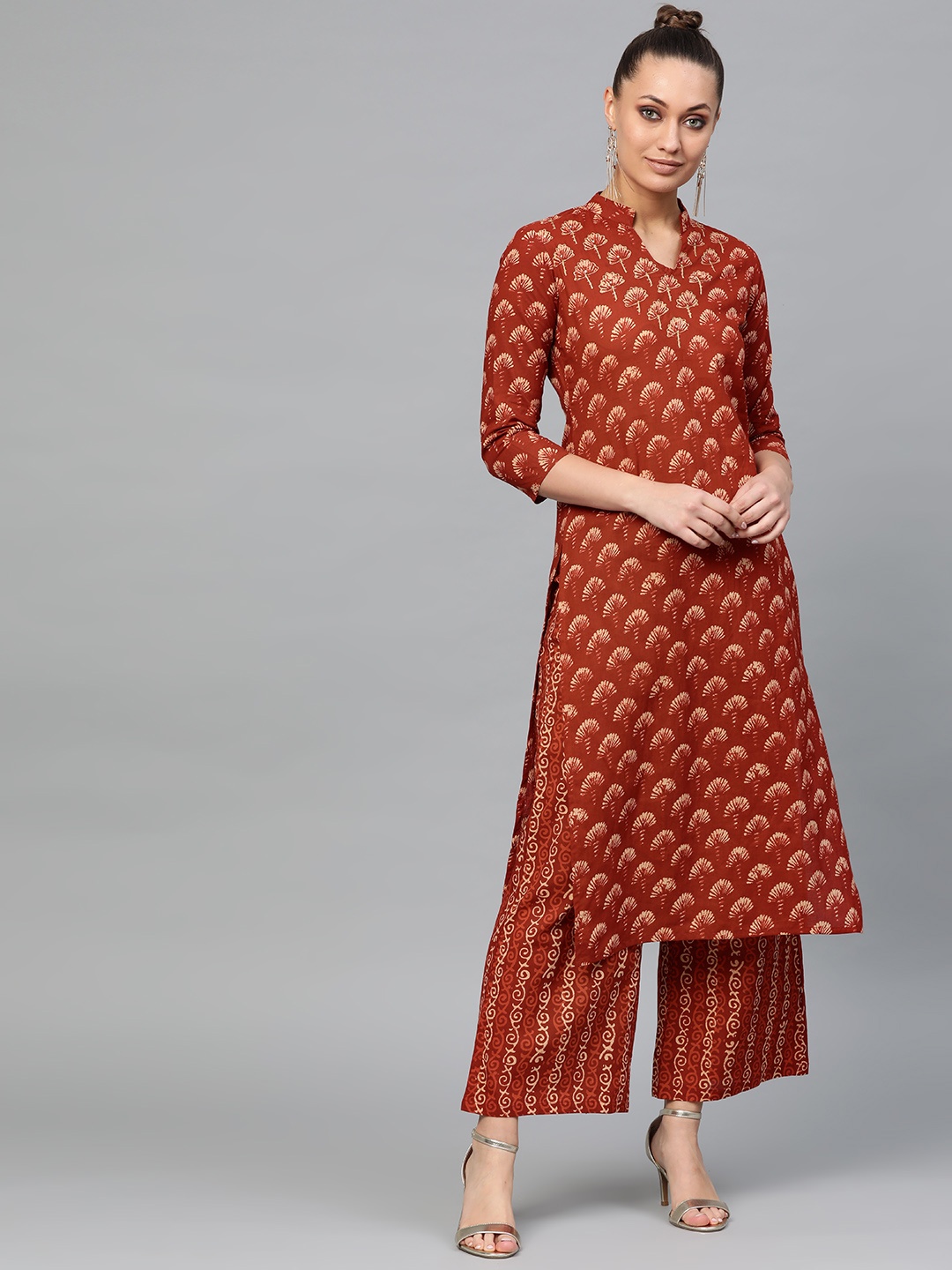 

Indo Era Women Rust Red & Beige Printed Kurta with Palazzos