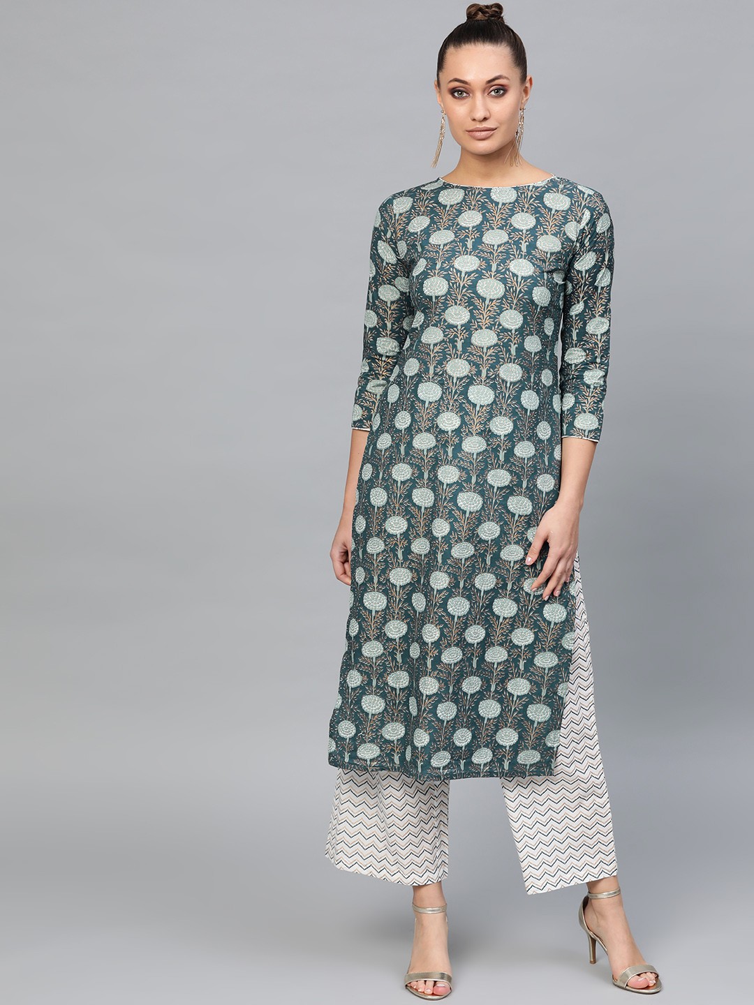 

Indo Era Women Navy Blue & White Foil Print Kurta with Palazzos