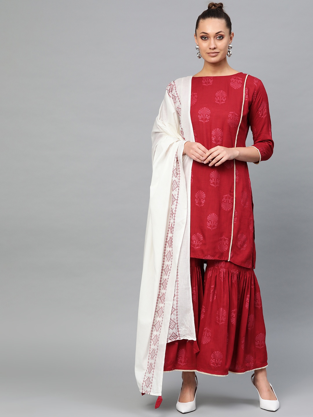 

Indo Era Women Maroon & Pink Printed Kurta with Sharara & Dupatta